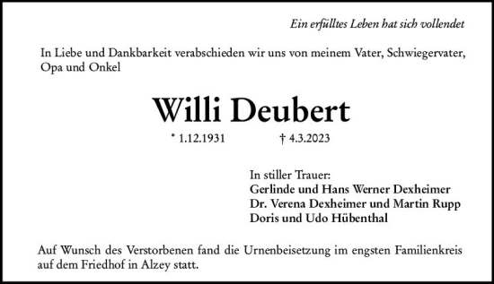 Traueranzeige von Willi Deubert von Allgemeine Zeitung Alzey