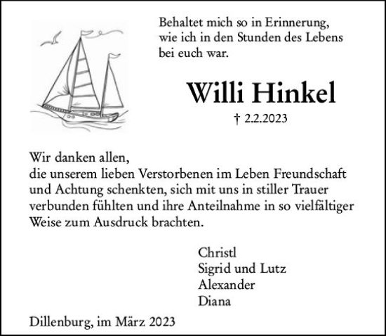 Traueranzeige von Willi Hinkel von Dill Block