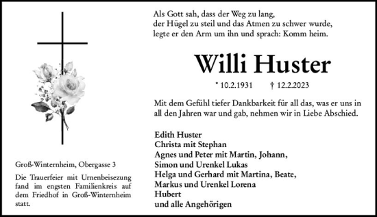 Traueranzeige von Willi Huster von Allgemeine Zeitung Bingen/Ingelheim