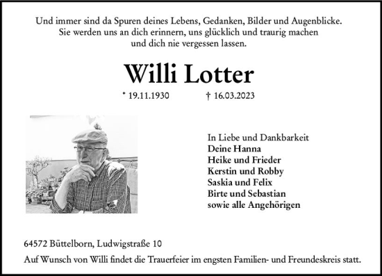 Traueranzeige von Willi Lotter von Groß-Gerauer Echo