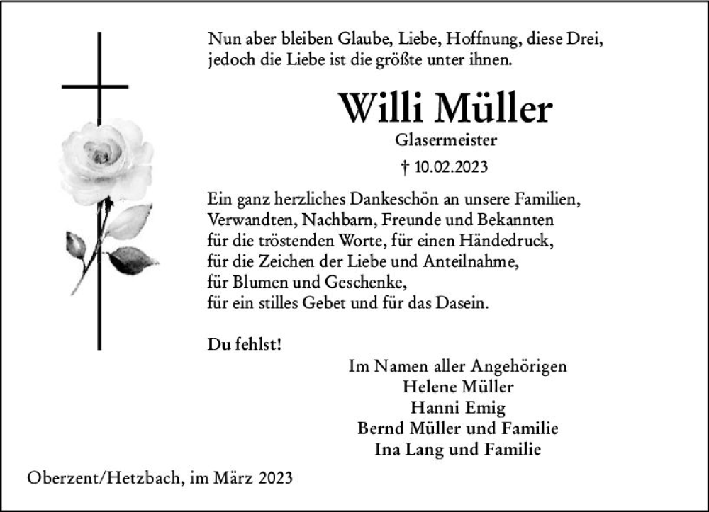  Traueranzeige für Willi Müller vom 25.03.2023 aus Odenwälder Echo