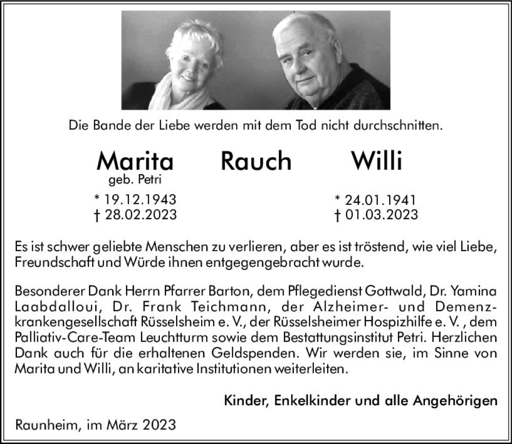  Traueranzeige für Willi Rauch vom 01.04.2023 aus Rüsselsheimer Echo