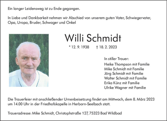 Traueranzeige von Willi Schmidt von Dill Block