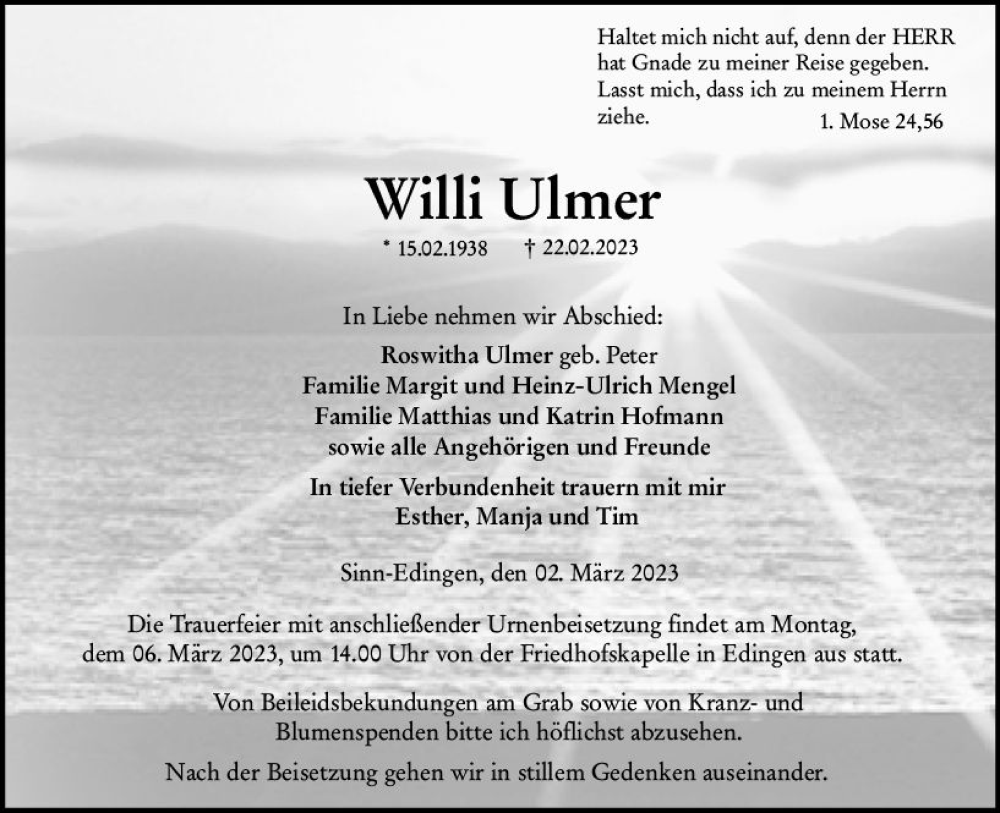  Traueranzeige für Willi Ulmer vom 02.03.2023 aus Dill Block