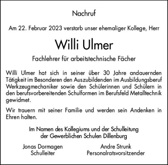 Traueranzeige von Willi Ulmer von Dill Block