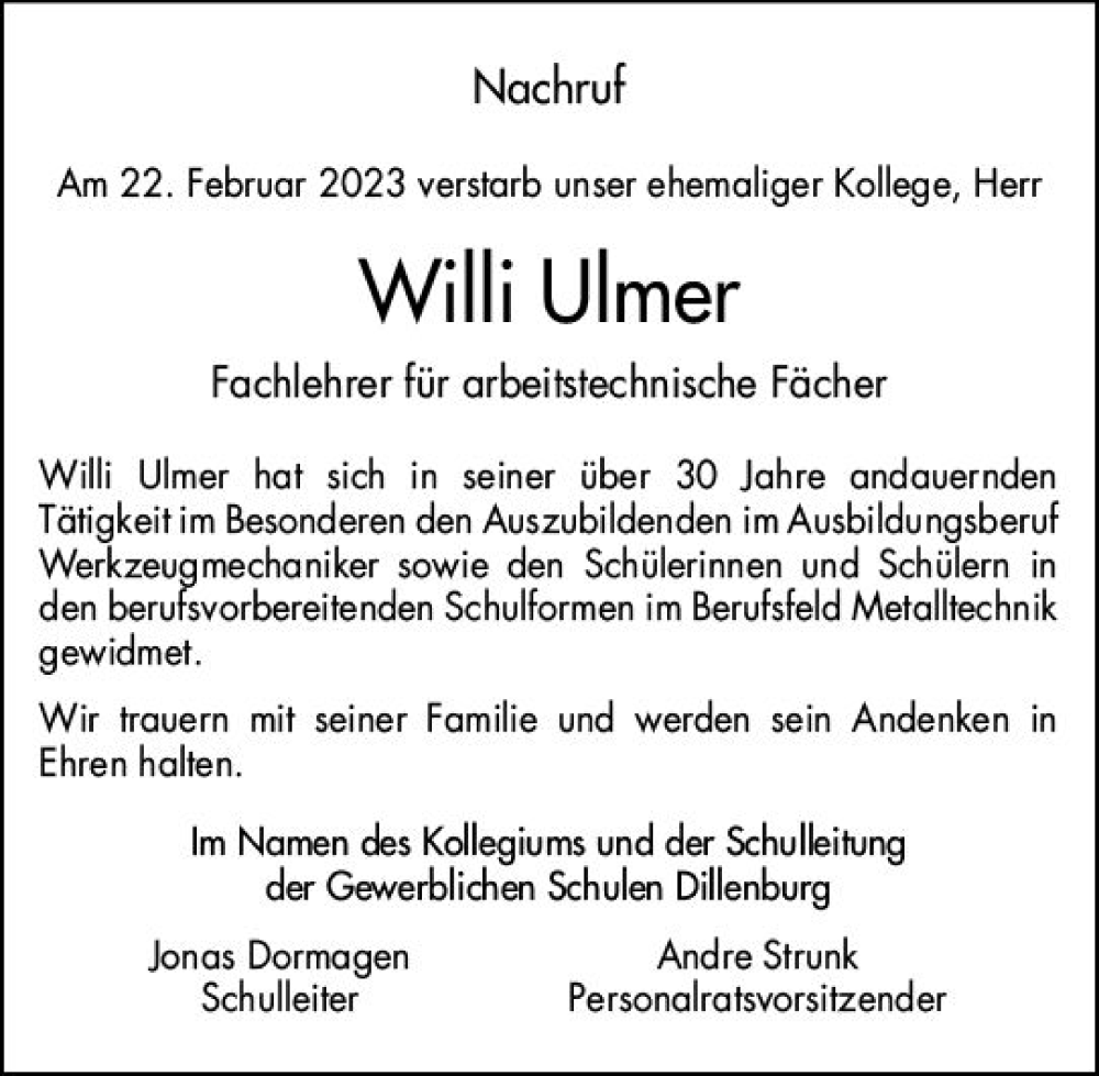  Traueranzeige für Willi Ulmer vom 10.03.2023 aus Dill Block