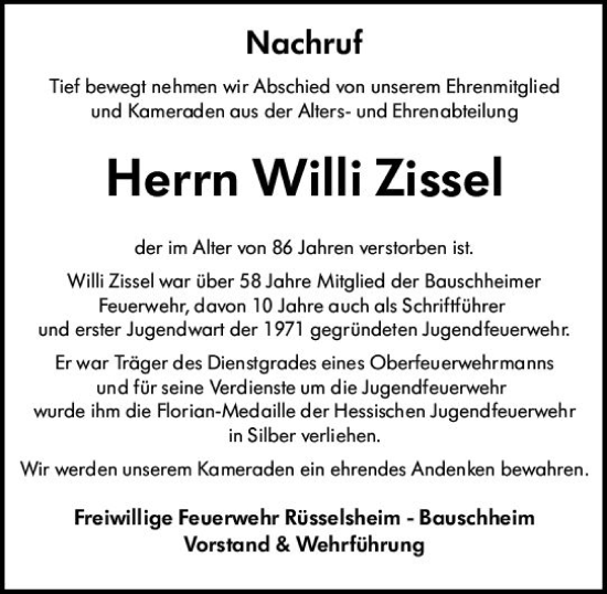 Traueranzeige von Willi Zissel von Wochenblick Mainspitze