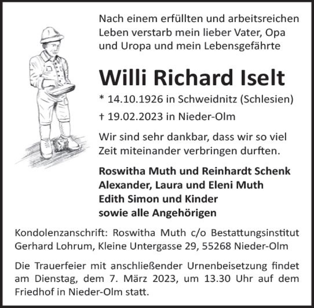  Traueranzeige für Willi Richard Iselt vom 04.03.2023 aus Allgemeine Zeitung Mainz
