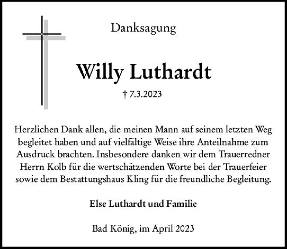  Traueranzeige für Willy Luthardt vom 01.04.2023 aus Odenwälder Echo