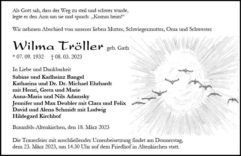  Traueranzeige für Wilma Tröller vom 18.03.2023 aus Wetzlarer Neue Zeitung