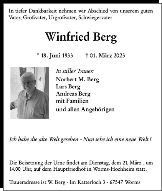 Traueranzeige von Winfried Berg von Wormser Zeitung