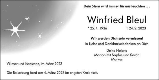 Traueranzeige von Winfried Bleul von Nassauische Neue Presse