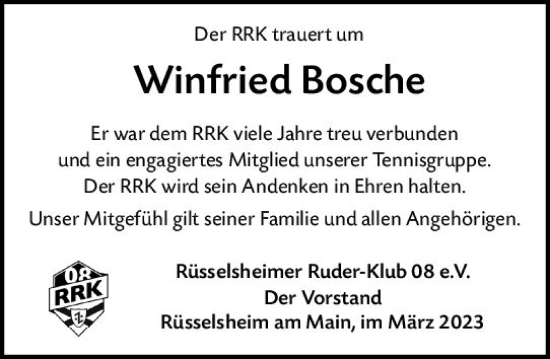 Traueranzeige von Winfried Bosche von Rüsselsheimer Echo