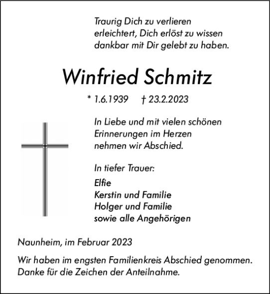 Traueranzeige von Winfried Schmitz von Wetzlarer Neue Zeitung