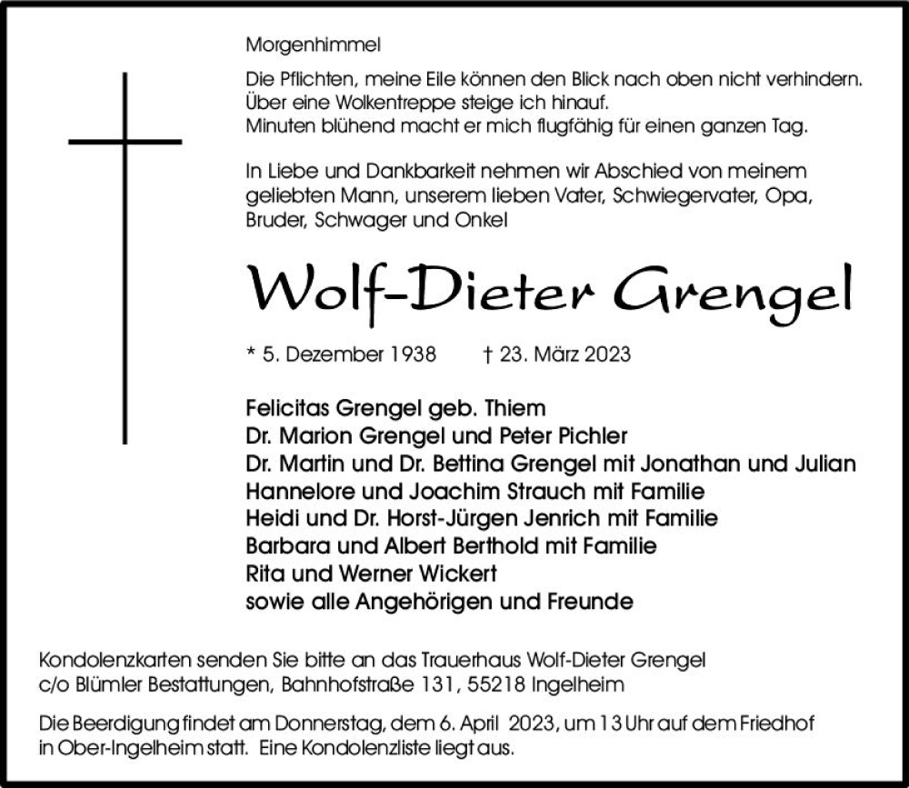  Traueranzeige für Wolf-Dieter Grengel vom 01.04.2023 aus Allgemeine Zeitung Bingen/Ingelheim