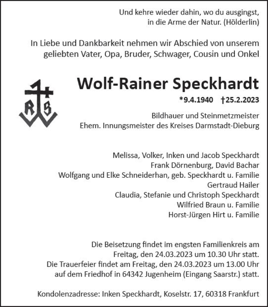  Traueranzeige für Wolf-Rainer Speckhardt vom 11.03.2023 aus Darmstädter Echo