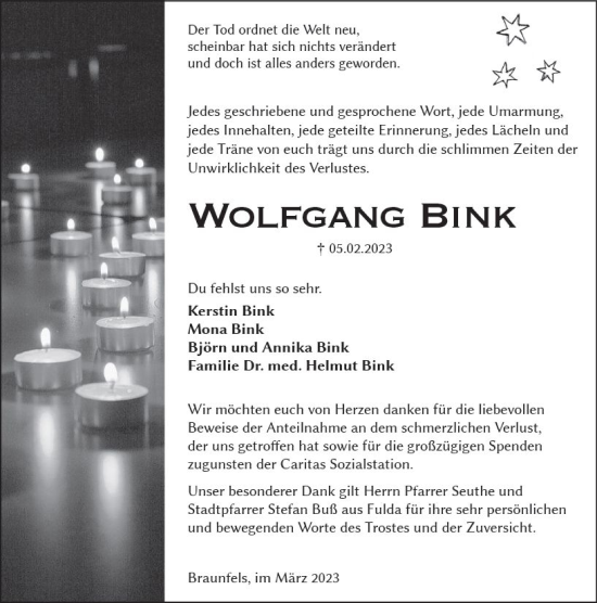 Traueranzeige von Wolfgang Bink von Wetzlarer Neue Zeitung