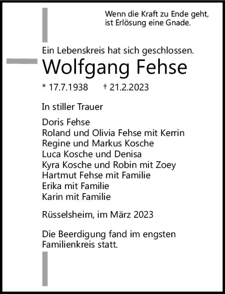  Traueranzeige für Wolfgang Fehse vom 04.03.2023 aus Rüsselsheimer Echo