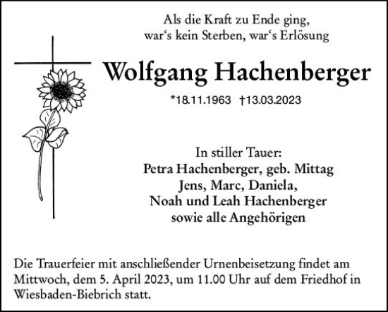 Traueranzeige von Wolfgang Hachenberger von Wiesbadener Kurier