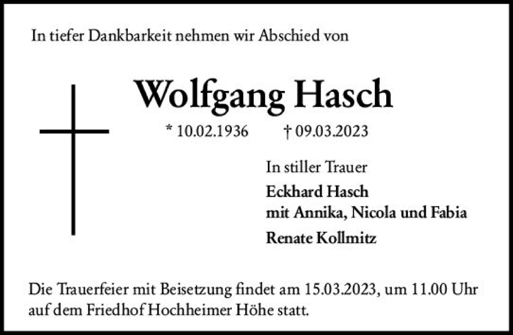  Traueranzeige für Wolfgang Hasch vom 13.03.2023 aus Wormser Zeitung