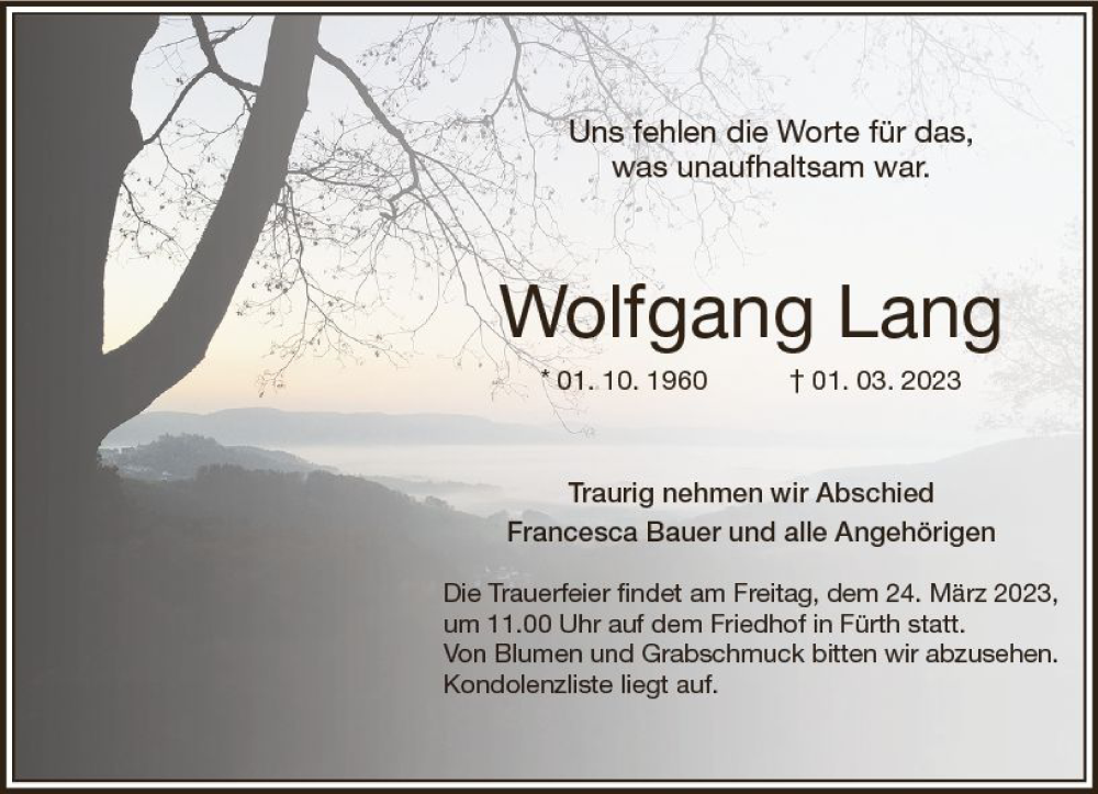  Traueranzeige für Wolfgang Lang vom 18.03.2023 aus Starkenburger Echo