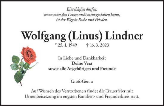 Traueranzeige von Wolfgang Lindner von Groß-Gerauer Echo