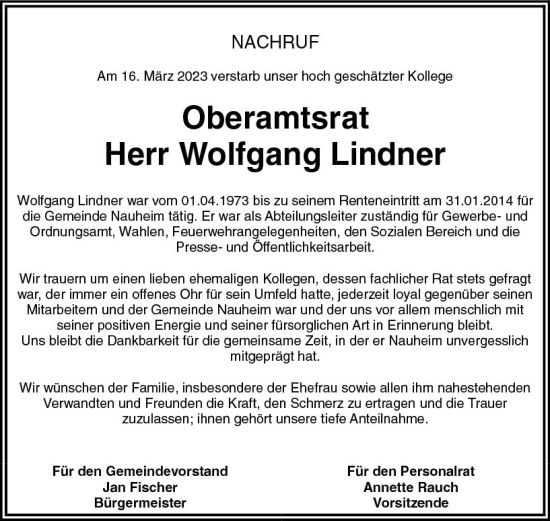 Traueranzeige von Wolfgang Lindner von Rüsselsheimer Echo