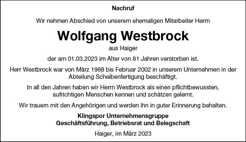  Traueranzeige für Wolfgang Westbrock vom 18.03.2023 aus Dill Block