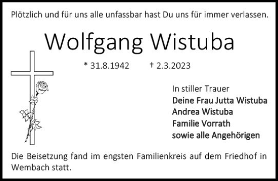 Traueranzeige von Wolfgang Wistuba von Darmstädter Echo