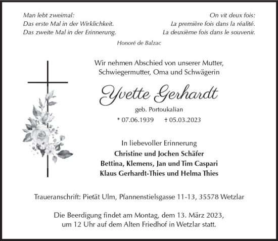 Traueranzeige von Yvette Gerhardt von Wetzlarer Neue Zeitung