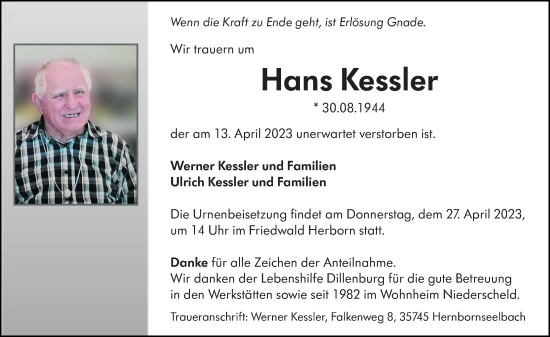 Traueranzeige von Hans Kessler von Dill Block