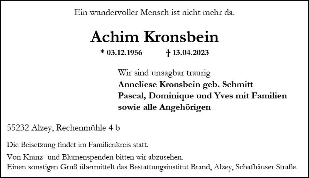  Traueranzeige für Achim Kronsbein vom 15.04.2023 aus Allgemeine Zeitung Alzey
