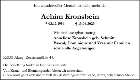 Traueranzeige von Achim Kronsbein von Allgemeine Zeitung Alzey