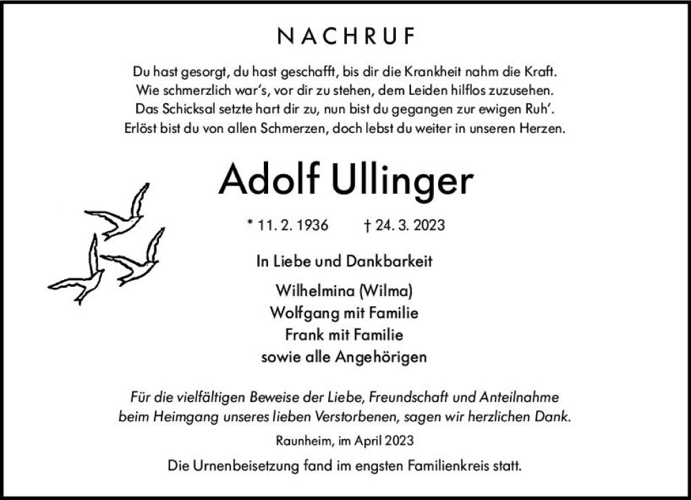  Traueranzeige für Adolf Ullinger vom 22.04.2023 aus Rüsselsheimer Echo