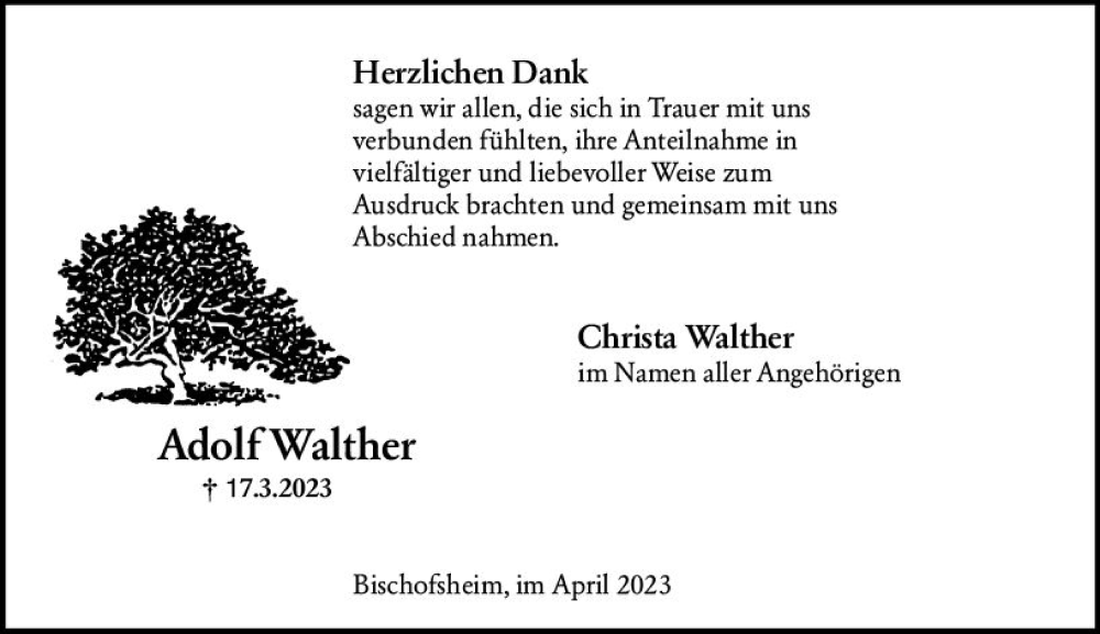  Traueranzeige für Adolf Walther vom 15.04.2023 aus Rüsselsheimer Echo