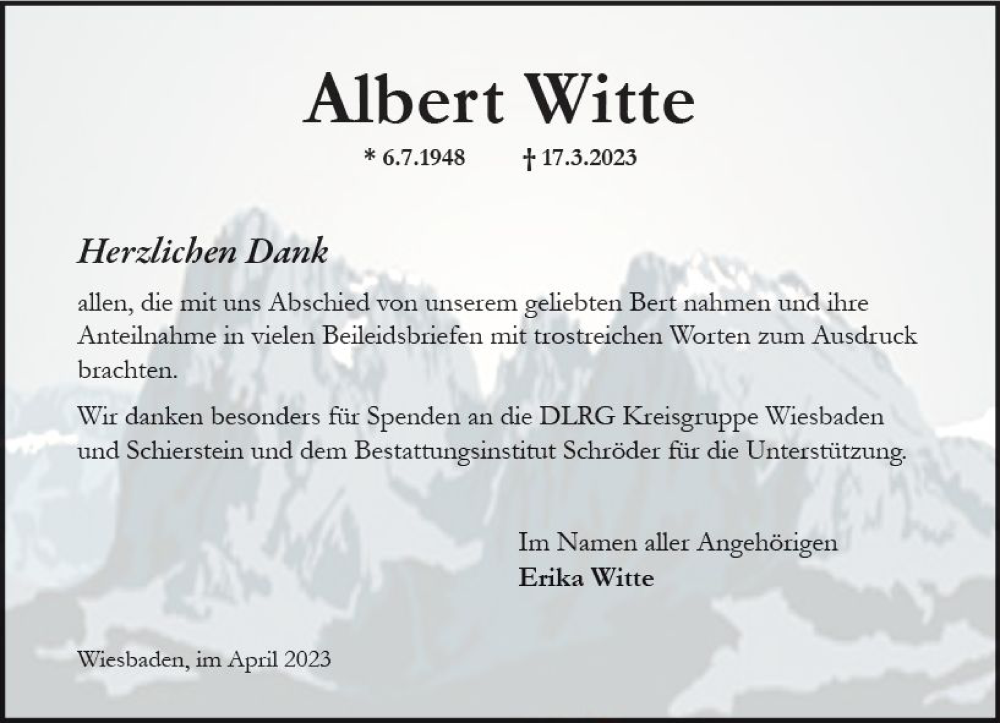  Traueranzeige für Albert Witte vom 15.04.2023 aus Wiesbadener Kurier