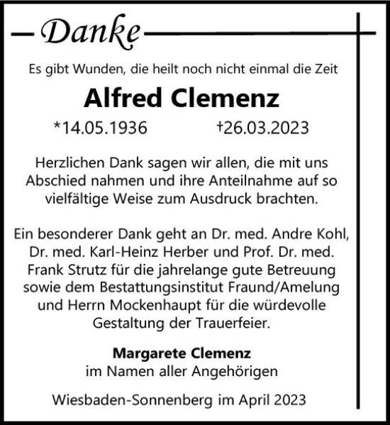 Traueranzeige von Alfred Clemenz von Wiesbadener Kurier