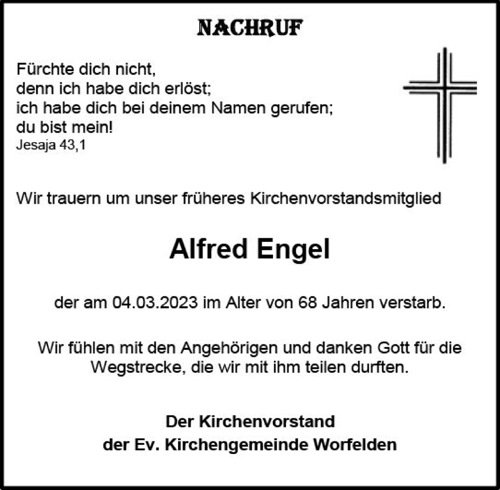  Traueranzeige für Alfred Engel vom 08.04.2023 aus Groß-Gerauer Echo