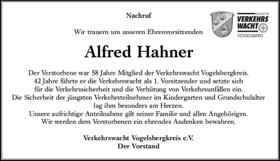 Traueranzeige von Alfred Hahner von VRM Trauer
