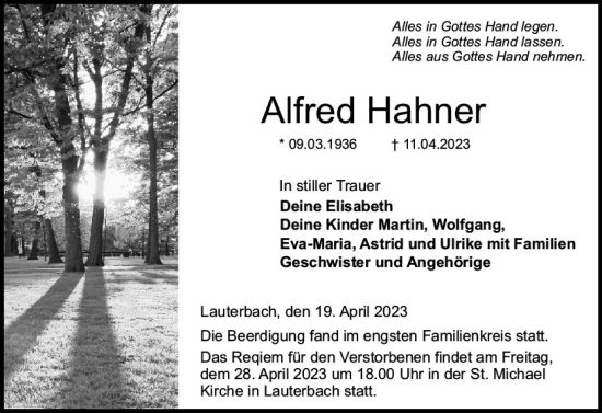 Traueranzeige von Alfred Hahner von VRM Trauer