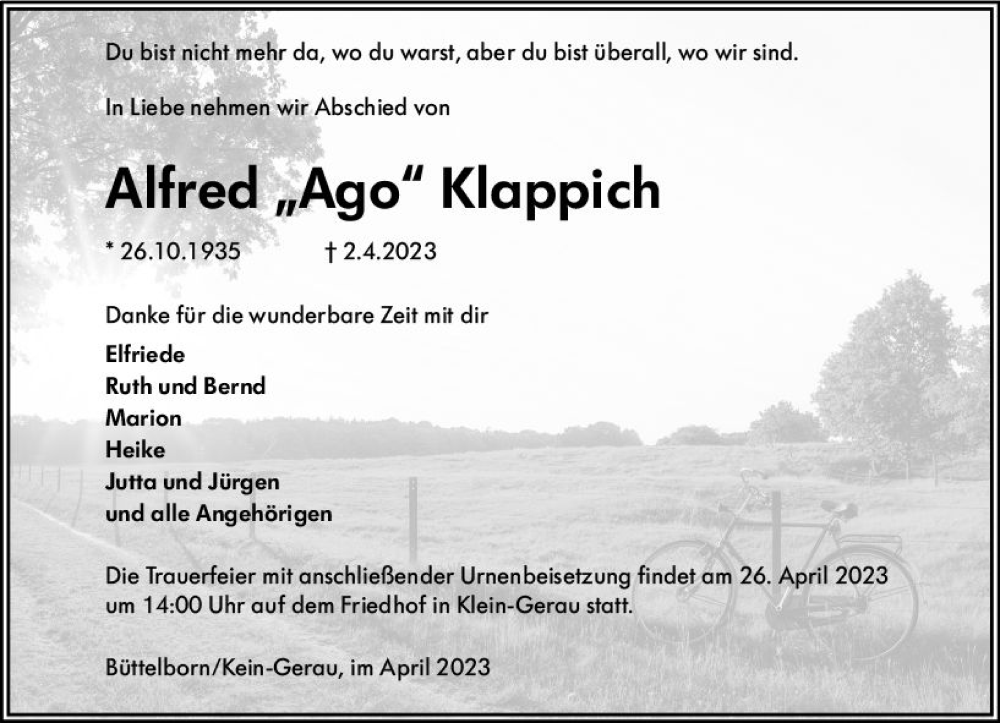 Traueranzeige für Alfred  Klappich vom 22.04.2023 aus Groß-Gerauer Echo