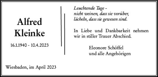 Traueranzeige von Alfred Kleinke von Wiesbadener Kurier