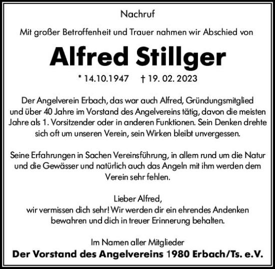 Traueranzeige von Alfred Stillger von Camberger Anzeiger