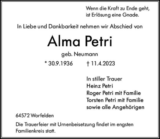 Traueranzeige von Alma Petri von Groß-Gerauer Echo