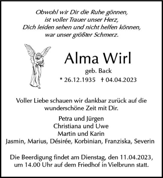Traueranzeige von Alma Wirl von Odenwälder Echo