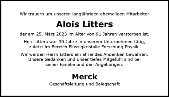 Traueranzeige von Alois Litters von Darmstädter Echo