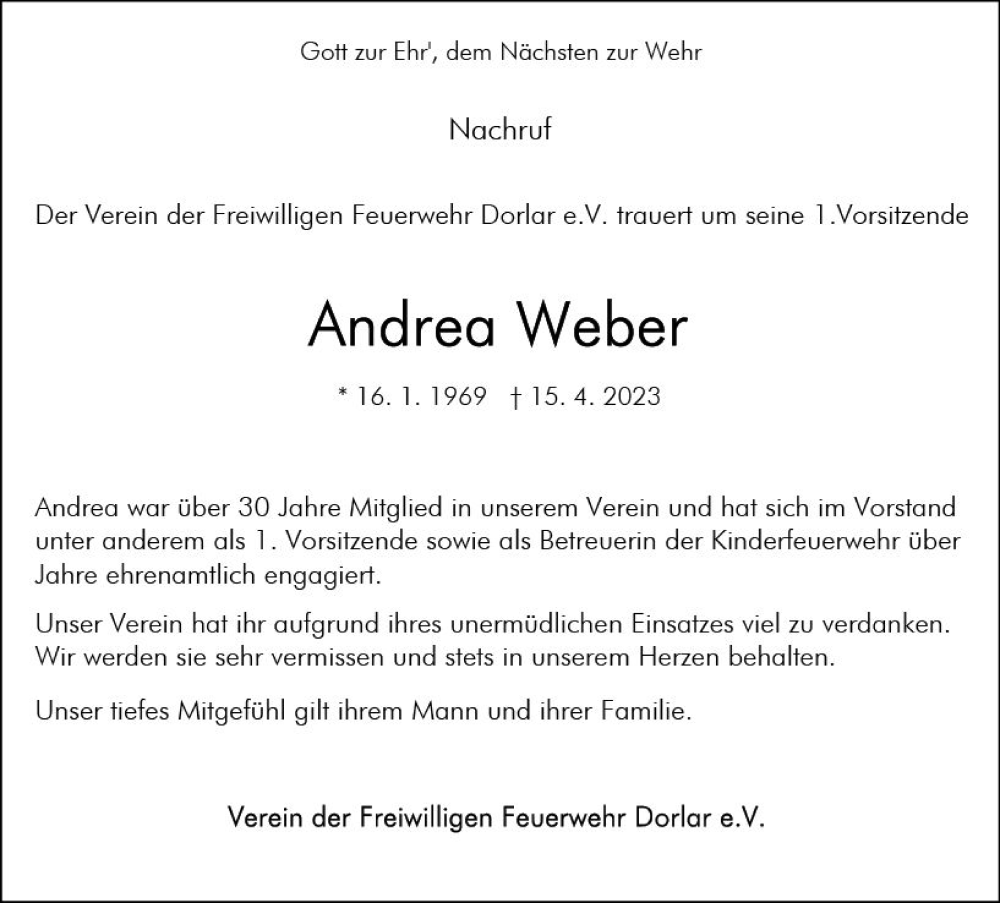  Traueranzeige für Andrea Weber vom 29.04.2023 aus Wetzlarer Neue Zeitung