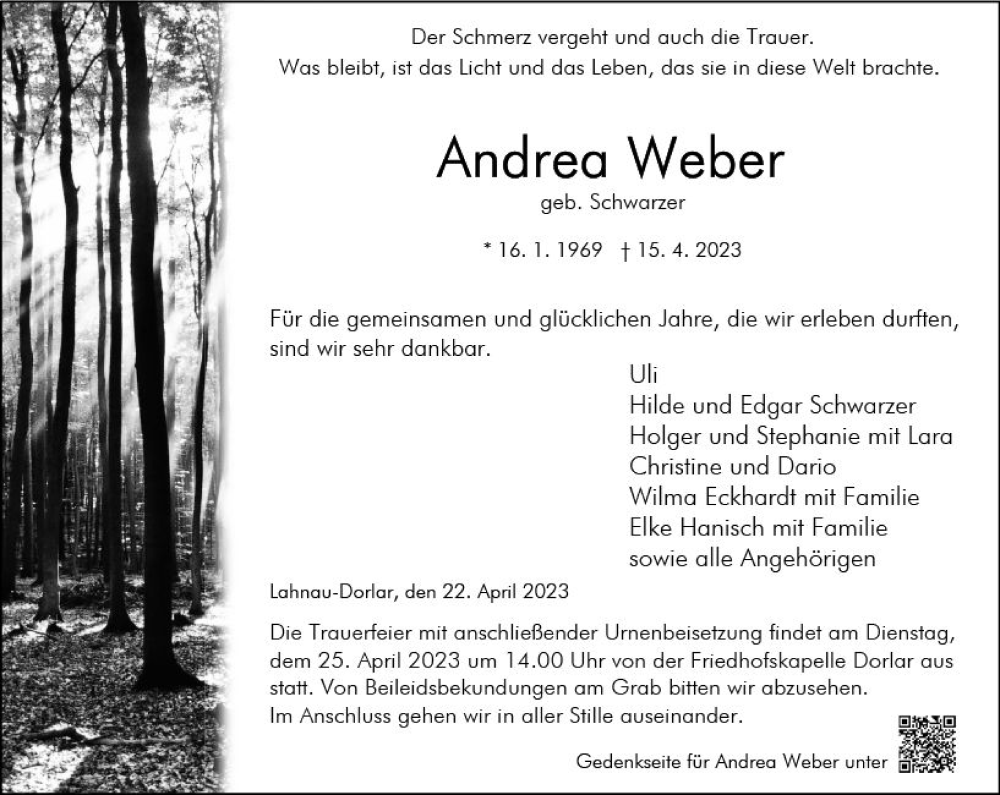  Traueranzeige für Andrea Weber vom 22.04.2023 aus Wetzlarer Neue Zeitung