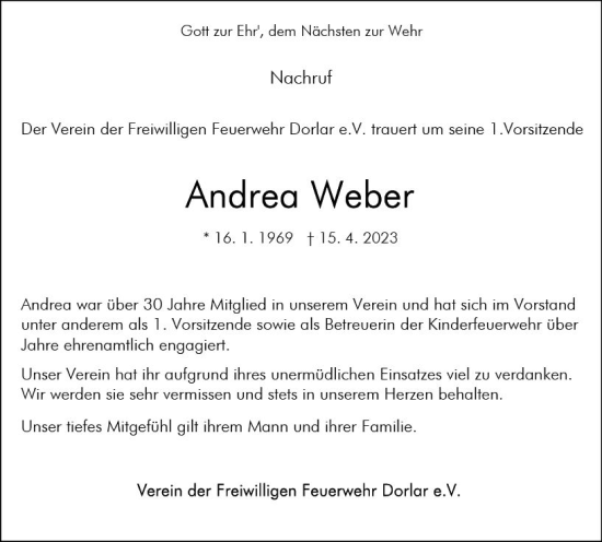 Traueranzeige von Andrea Weber von Wetzlarer Neue Zeitung