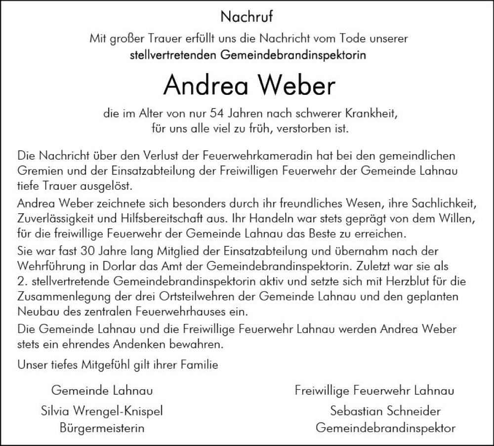  Traueranzeige für Andrea Weber vom 29.04.2023 aus Wetzlarer Neue Zeitung